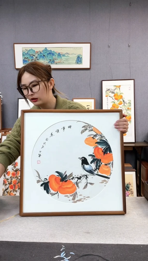 【闪购商品】国画孙颖-纯手绘带框作品-52*52-柿子