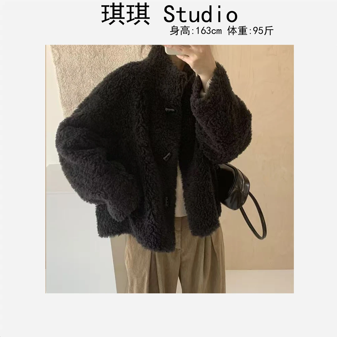 冬季新款保暖舒适牛角扣潮流气质时尚宽松显瘦减龄百搭毛毛外套-C