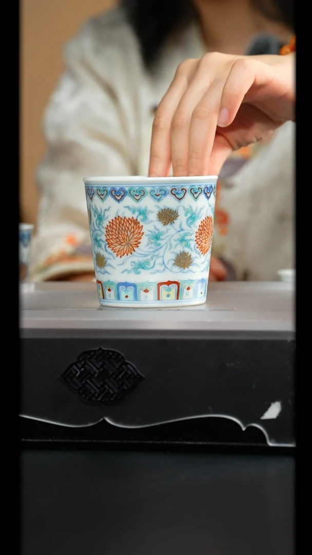 涂杏花窑丨斗彩描金红炉缠枝容天杯莲景德镇陶瓷