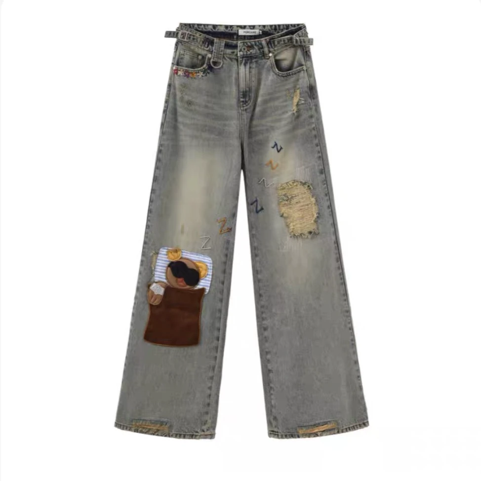 FORDARE福蝶 设计师品牌25早秋 呼呼大睡小熊贴布复古感牛仔裤