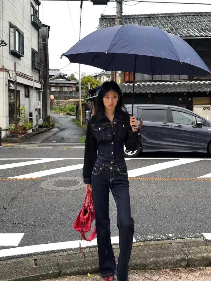 美式复古深蓝色长袖套装2025年秋季新款时尚街头牛仔外套+牛仔裤