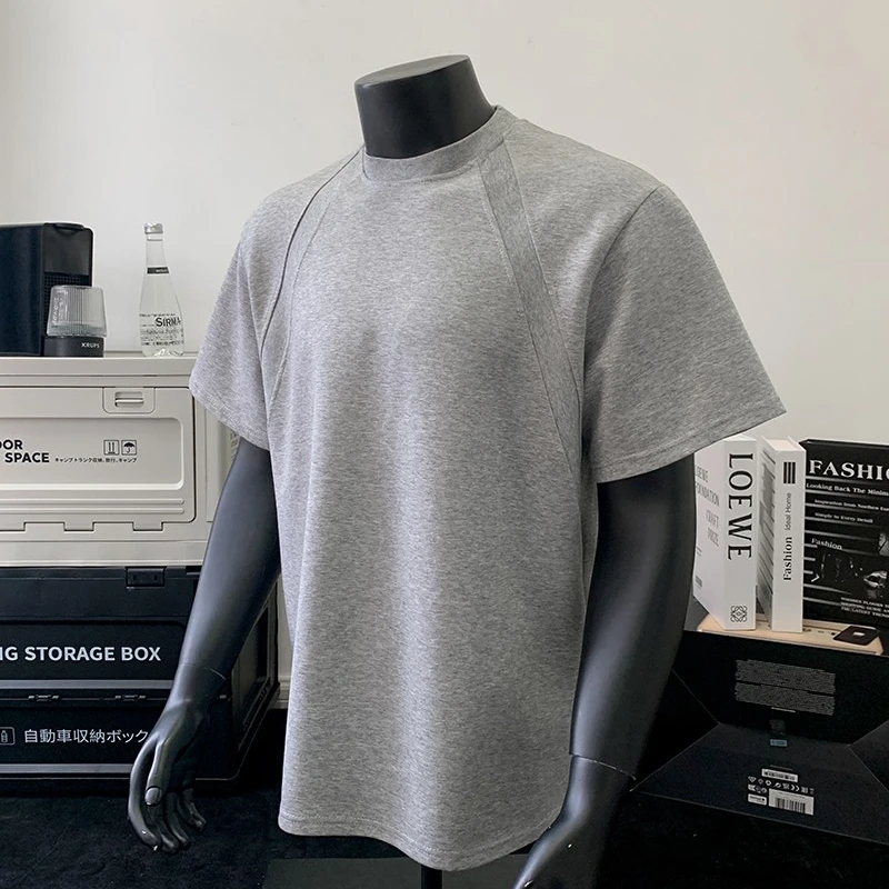 280g澳产太空棉拼接boxy版型短袖T恤男抗皱短宽cleanfit纯色半袖