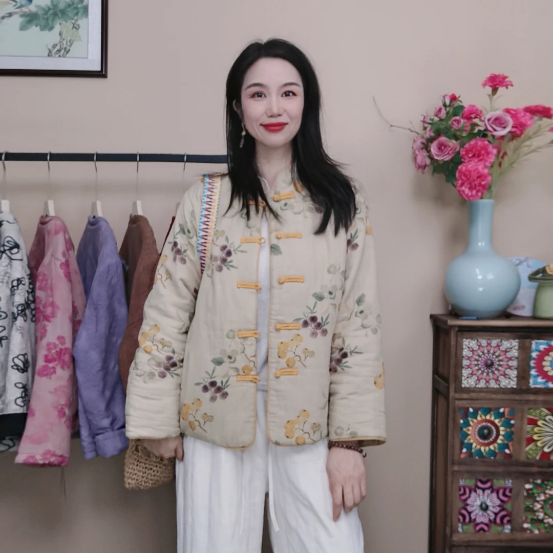6341秋冬季新中式宽松保暖棉衣提花复古女装长袖保暖印花棉服