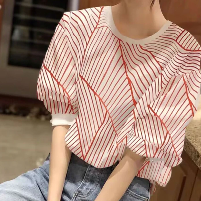 职业阿玛诗官2025秋季新款气质宽松条纹泡泡袖T恤