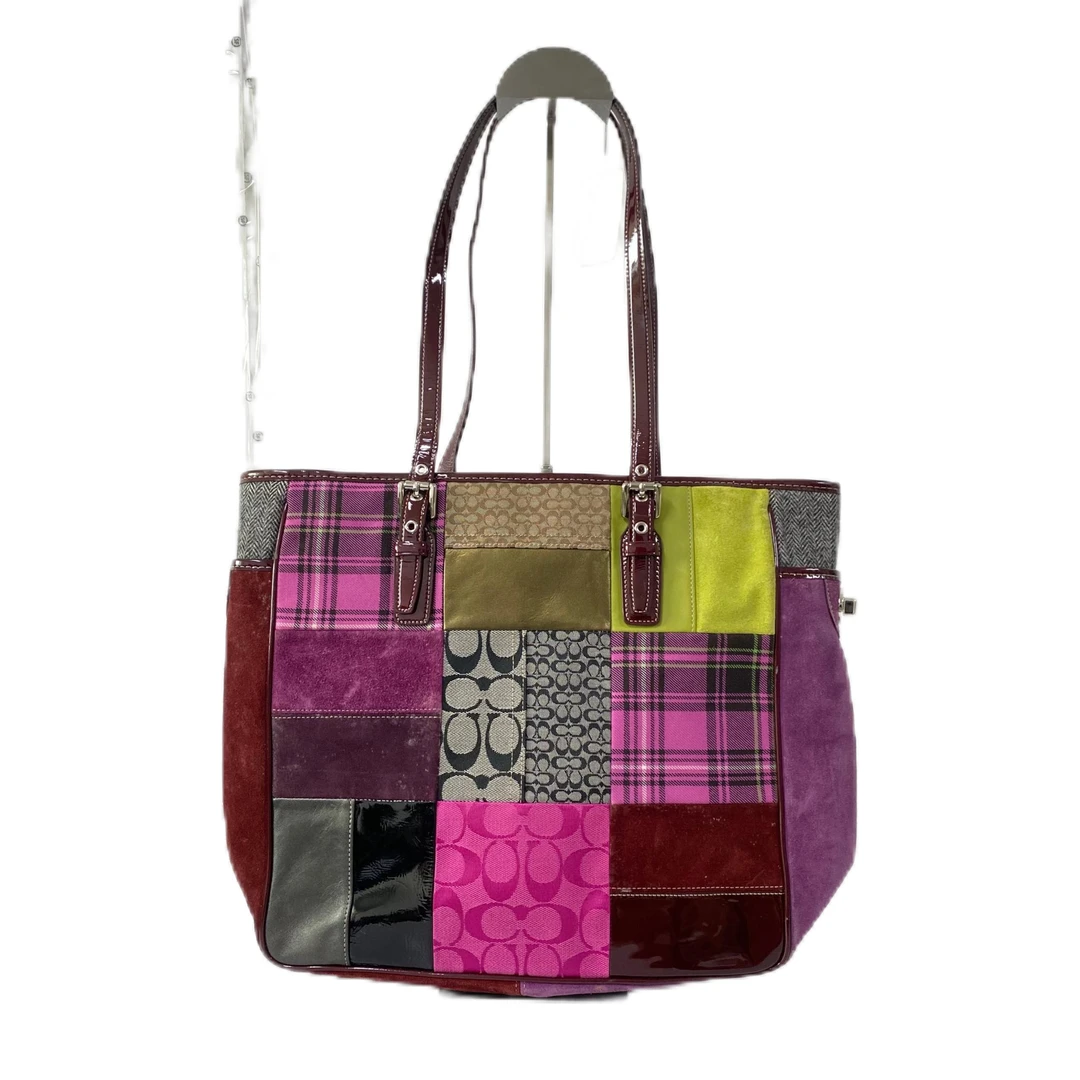 95新 COACH/蔻驰 条纹格子帆布拼皮单肩手提包 MM-80576