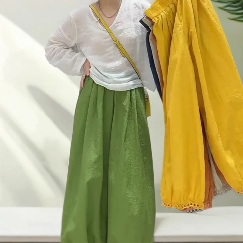 韩版捏褶速干宽松花边灯笼裤女2025夏季新款设计感纯色洋气休闲裤