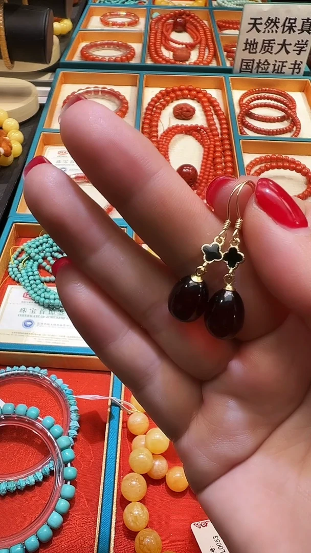 裸石琥珀银S925镶嵌血珀耳钩