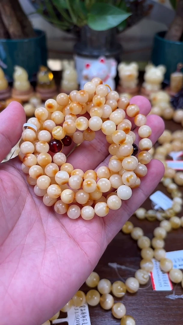 手串蜜蜡未镶嵌p59花蜡奶豆108佛珠 38.27克8mm