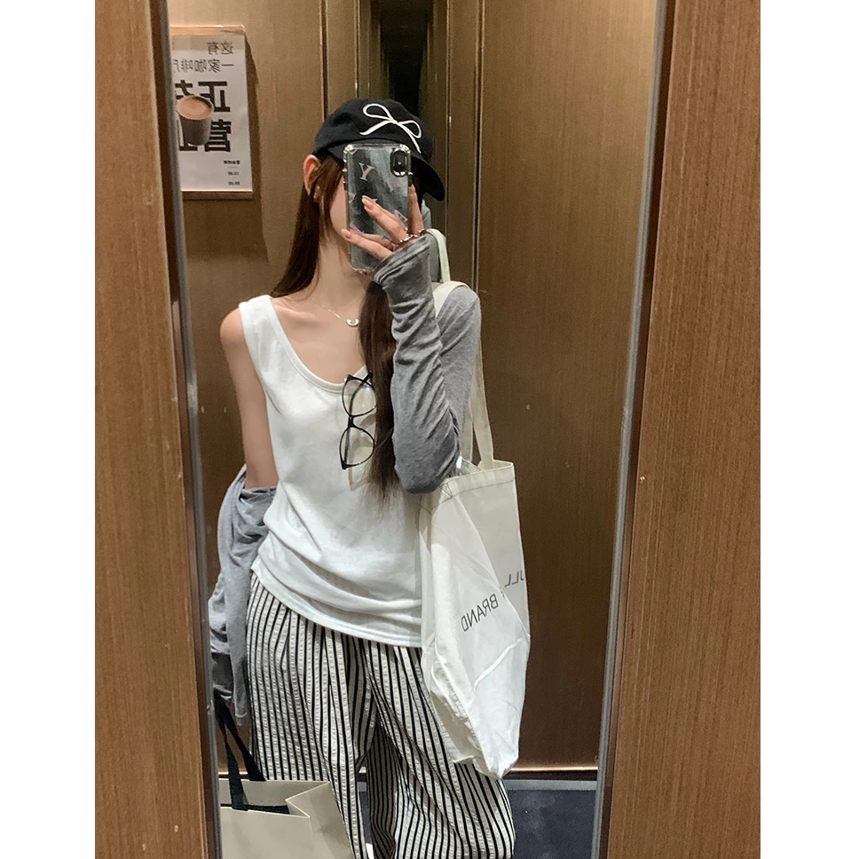 慵懒风基础款工字吊带背心女大V领宽松百搭简约外穿无袖上衣