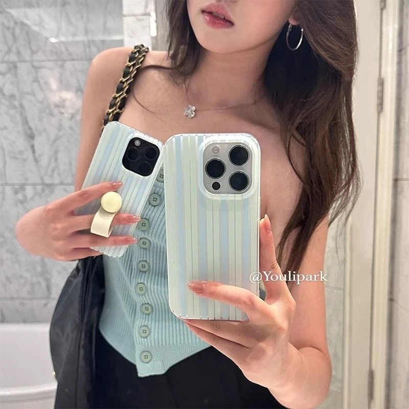 蓝撞绿条纹适用于16Pro max 15 14 13 12手机壳保护套防摔ins