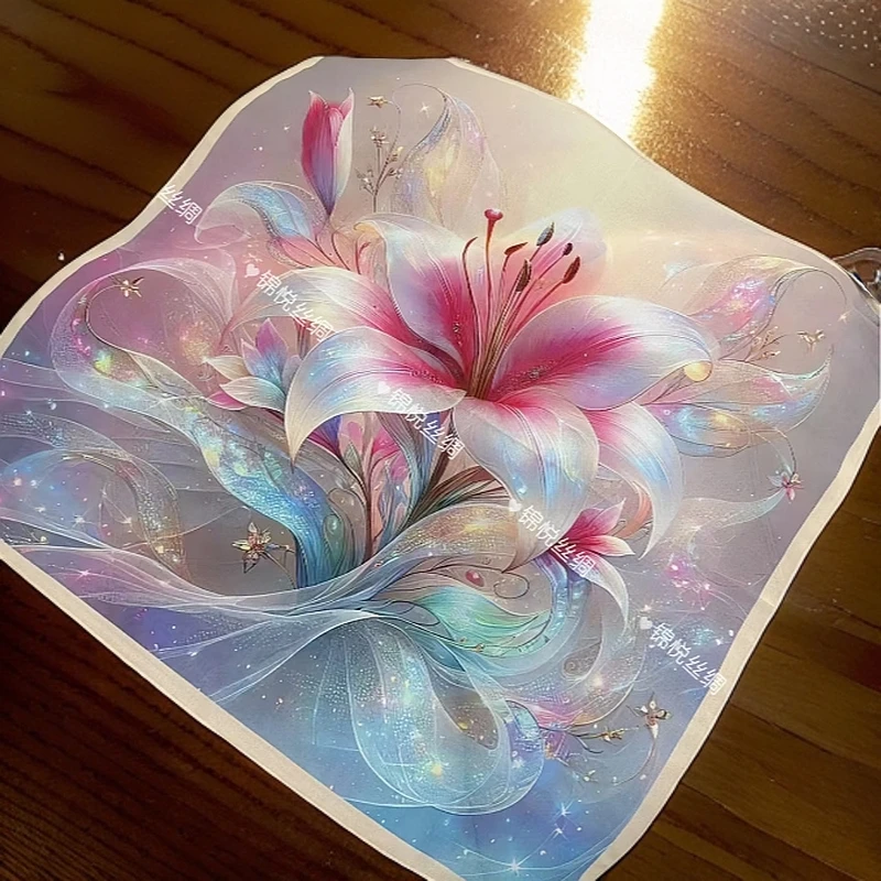 S030【海棠花开】70*70薯莨纱方巾复古百搭时尚经典围巾披肩丝巾女