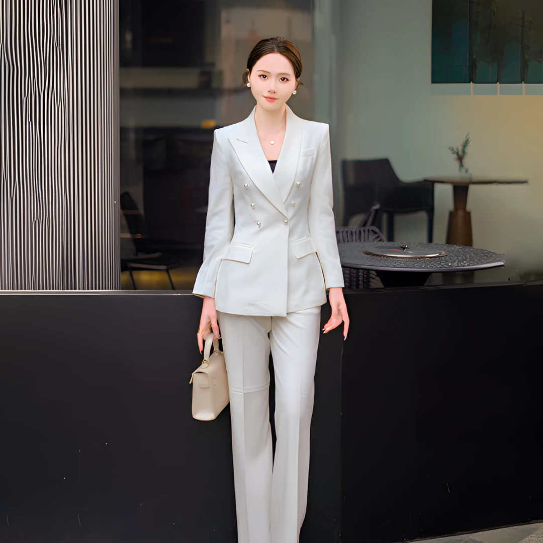 纯色小西装套装女春秋职业气质修身西服两件套长袖白色休闲时尚