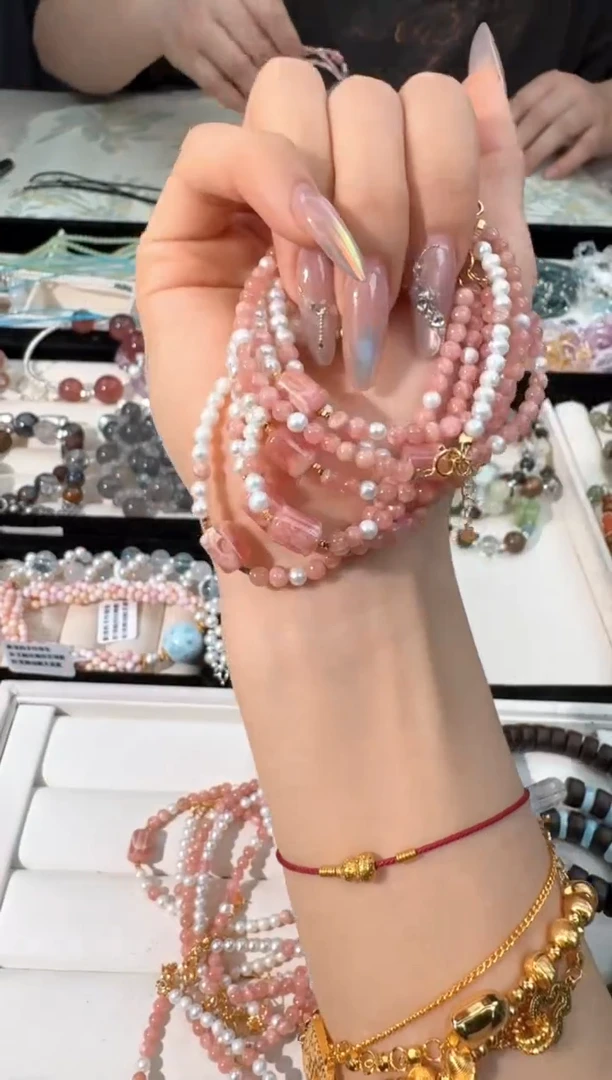 水晶手链银S925镶嵌K008珍朱红纹桶珠款