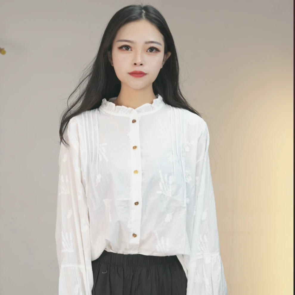 高质比马棉 碎花木耳边女士风格衬衫