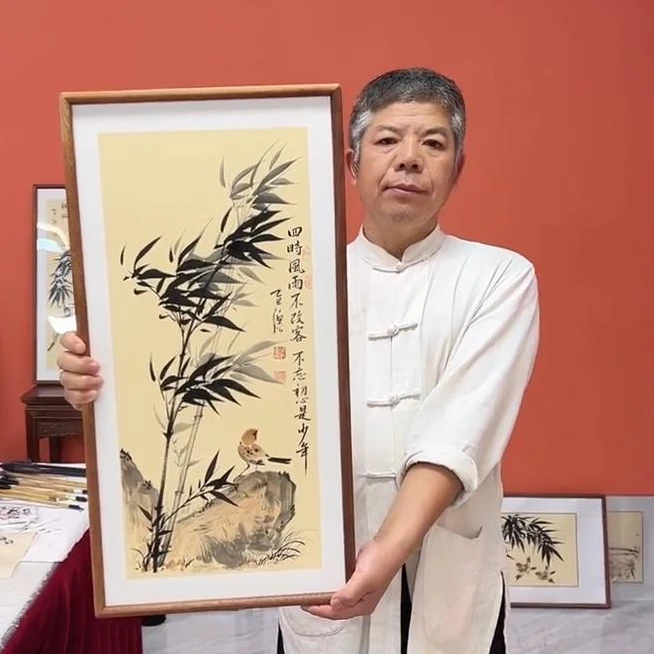张富民手绘作品/四时风雨不改客（乌檀木实木框）/36*69厘米左右