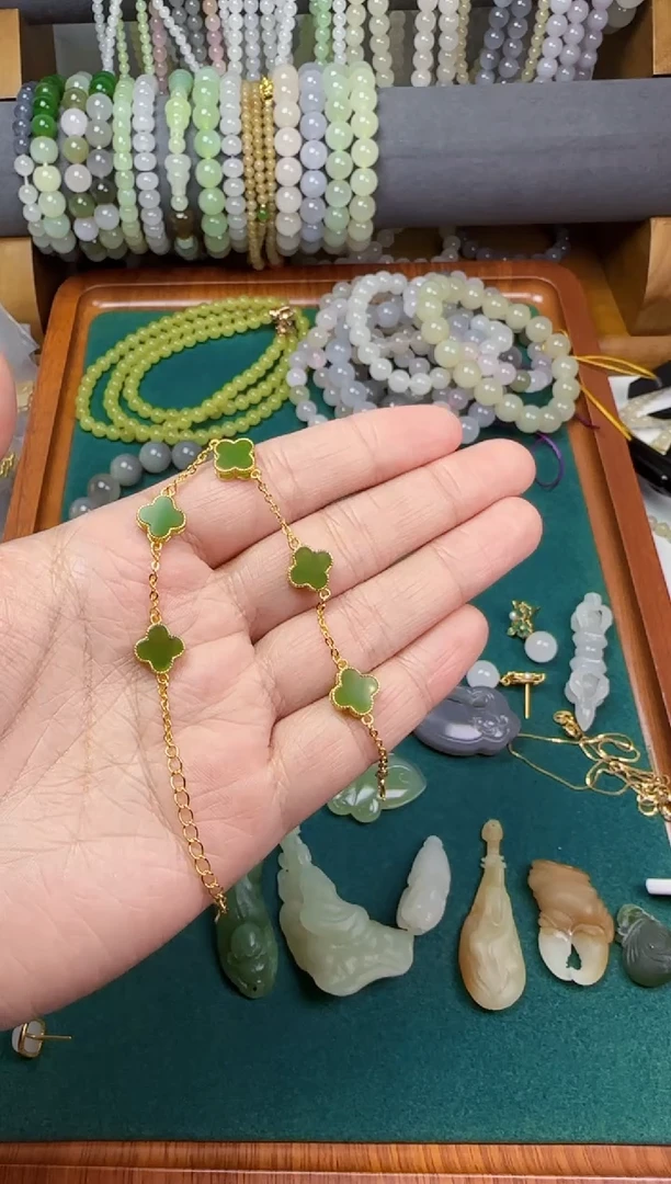 【闪购商品】和田玉无银S925镶嵌碧玉四叶草手链