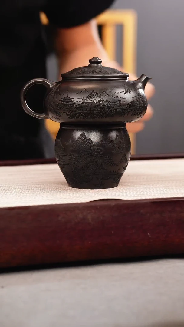 茶壶紫砂石黄 寒江 刻绘+山水杯