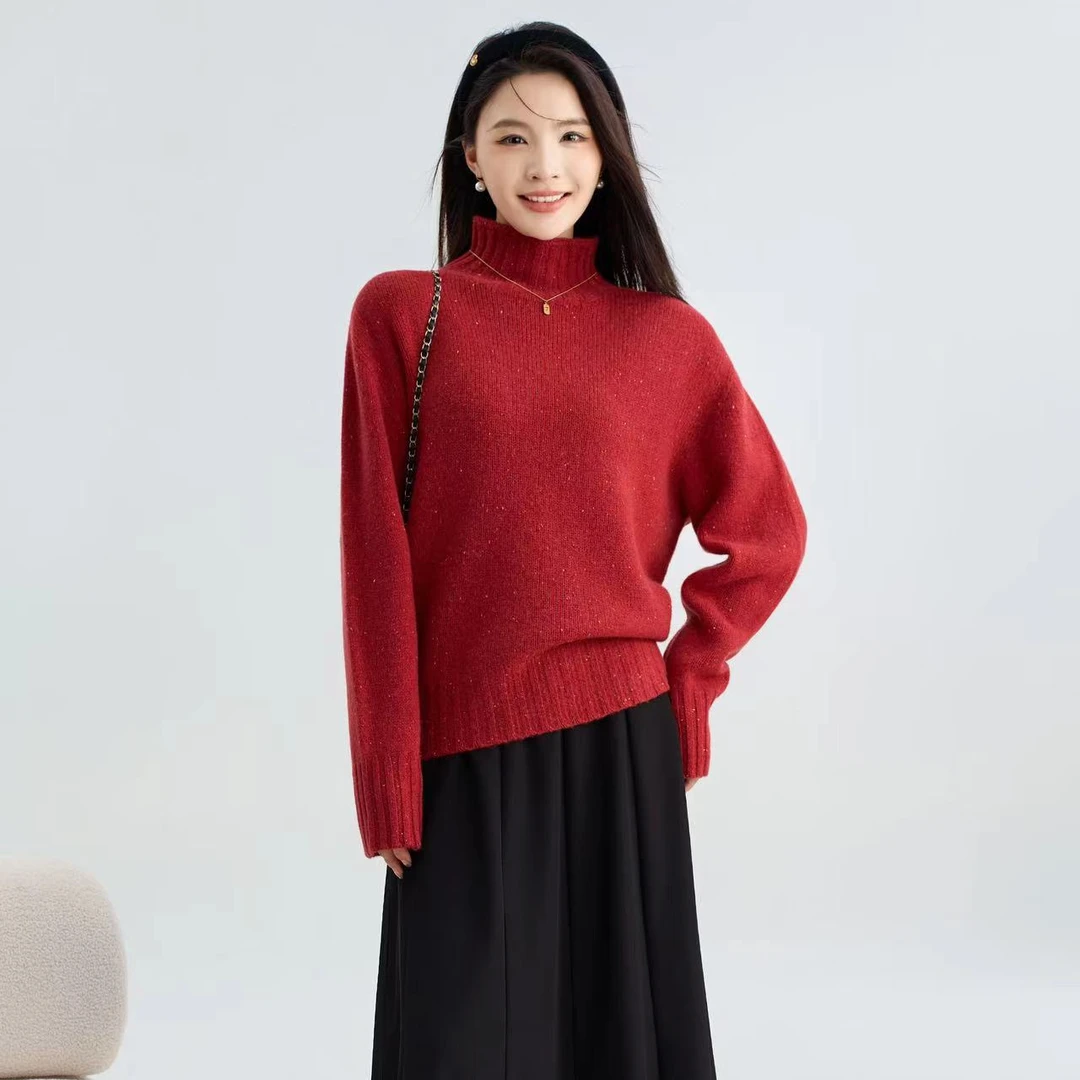 100%绵羊毛高级感高领点子纱加厚套头毛衣宽松版羊毛衫