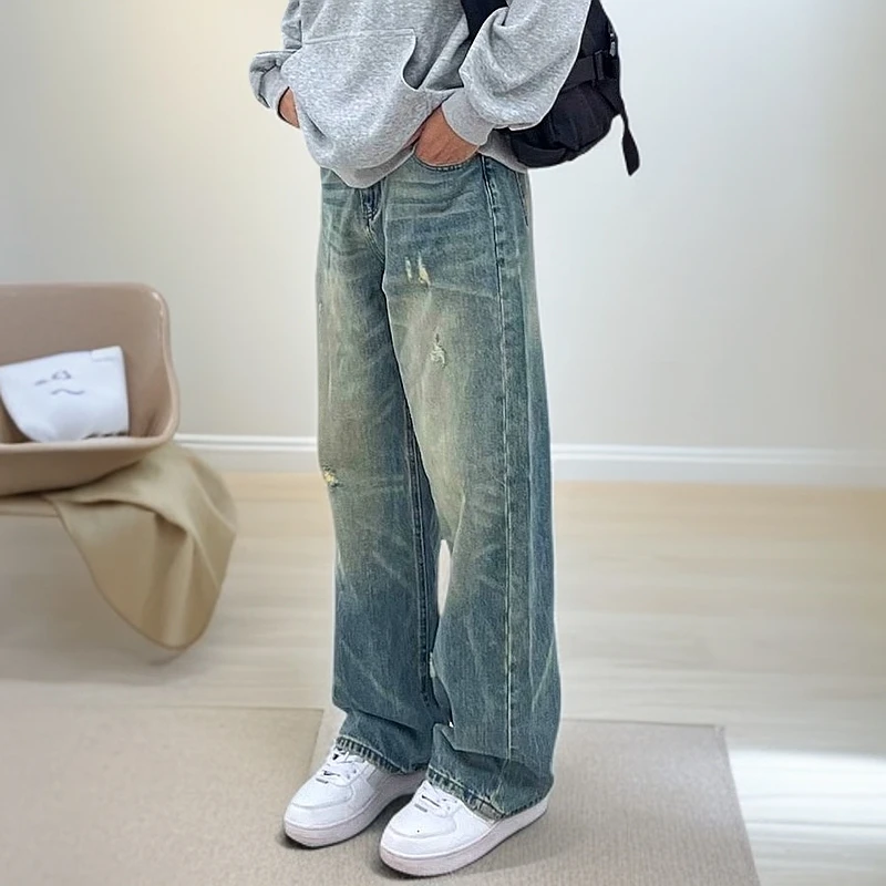男装复古水洗直筒宽松牛仔裤高街小众百搭休闲做旧设计感长裤DS