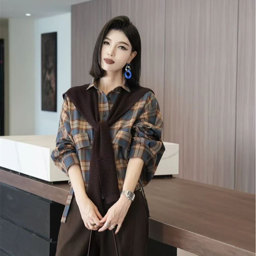POPULARYW【影像诗】Z·R上品屋  气质时髦格纹蝙蝠袖显瘦翻领衬衫