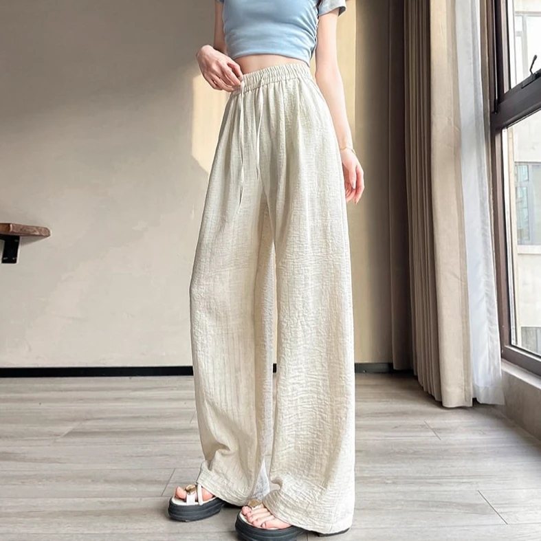窄版条纹休闲阔腿裤女2025新款夏季薄款高腰棉麻凉感垂感山本裤子