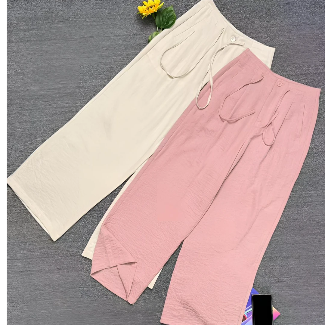 天丝亚麻裤阔腿裤高腰休闲裤宽松夏薄款轻奢风透气纯色时尚欧若风