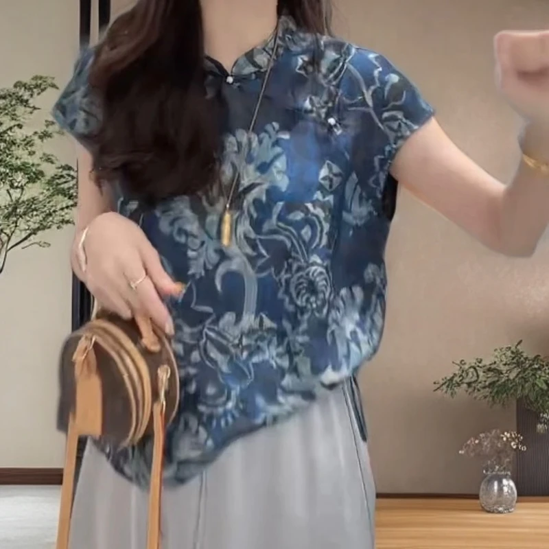 夏季斜襟立领宽松型短袖通勤衬衫气质民族风中式复古气质百搭体恤