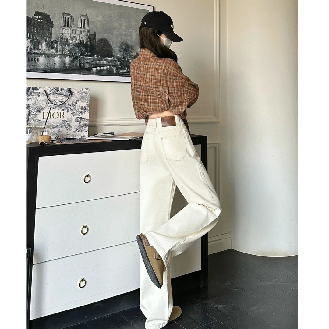 【现货/送腰带】米杏色牛仔裤高腰春休闲宽松复古显腿长窄版阔腿裤