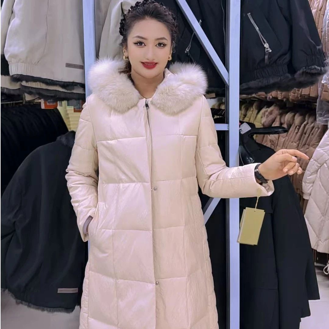 口袋极简风长袖常规长款连帽皮衣女士休闲保暖大毛领1