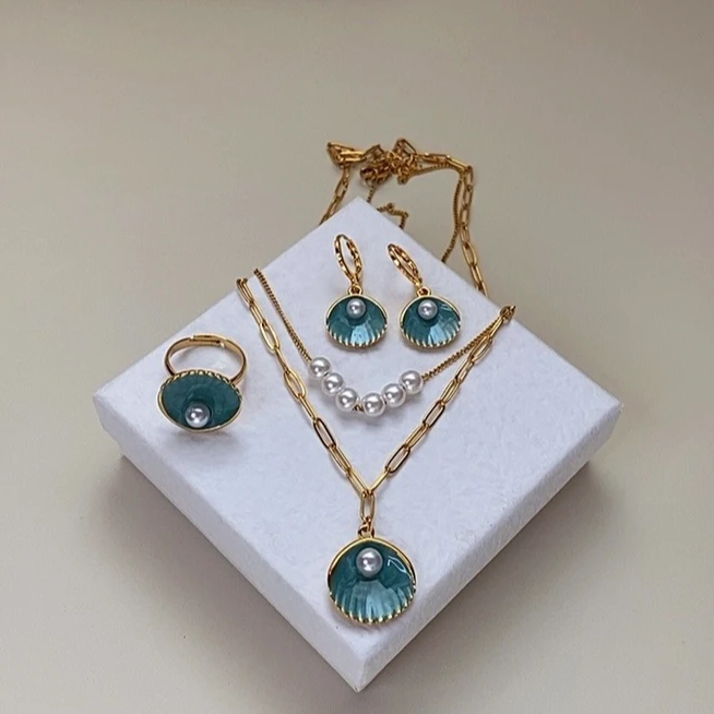 钛钢亚克力项链 三件套手工锁骨链蓝色时尚绿色复古古风欧美法式