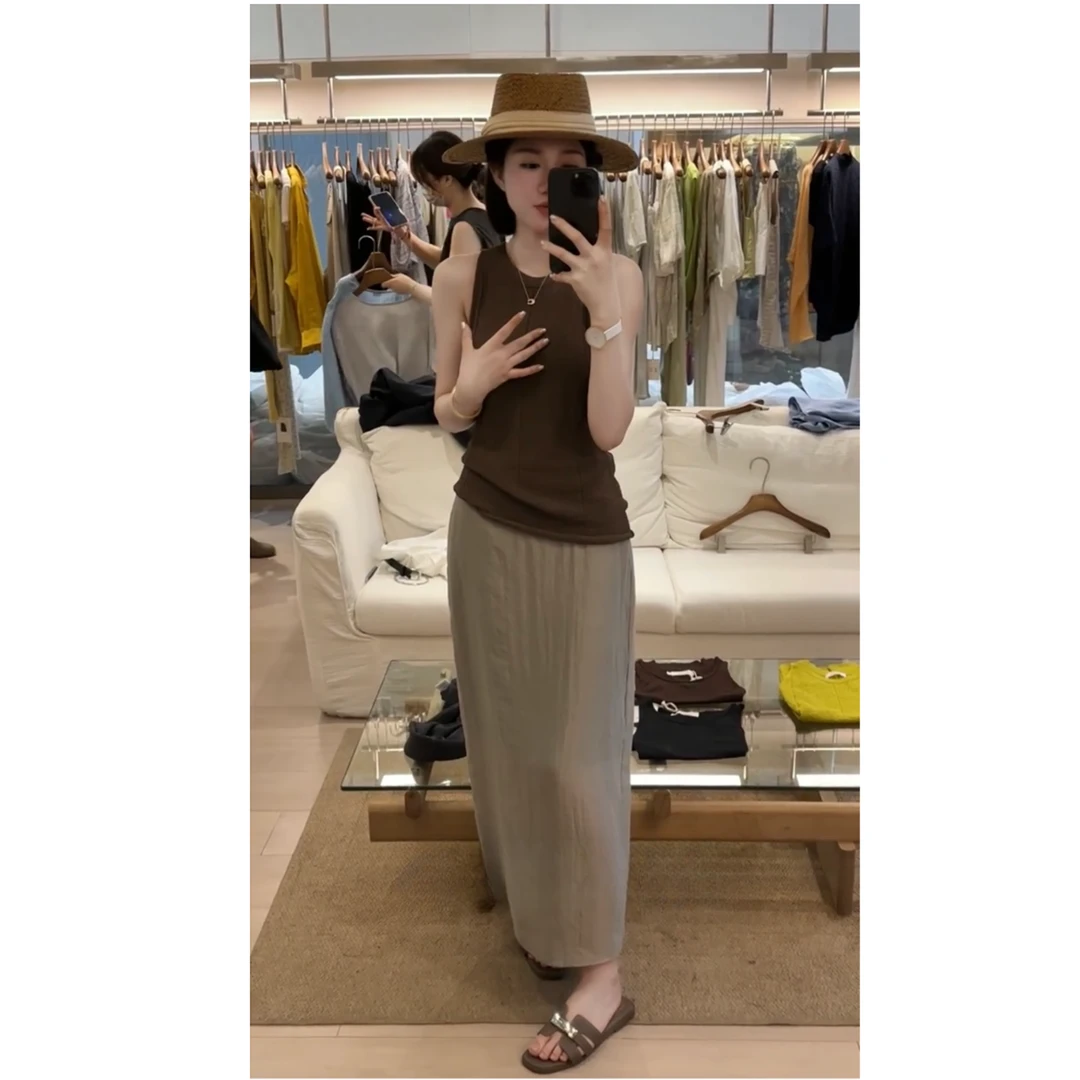 夏季新款洋气衣服女韩系温柔气质宽松无袖背心休闲高腰裙子套装