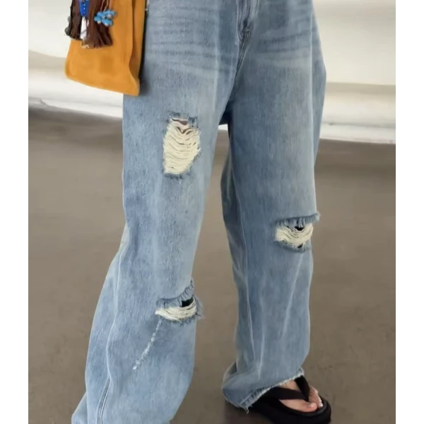 诗歌兰女装时尚百搭宽松破洞牛仔裤