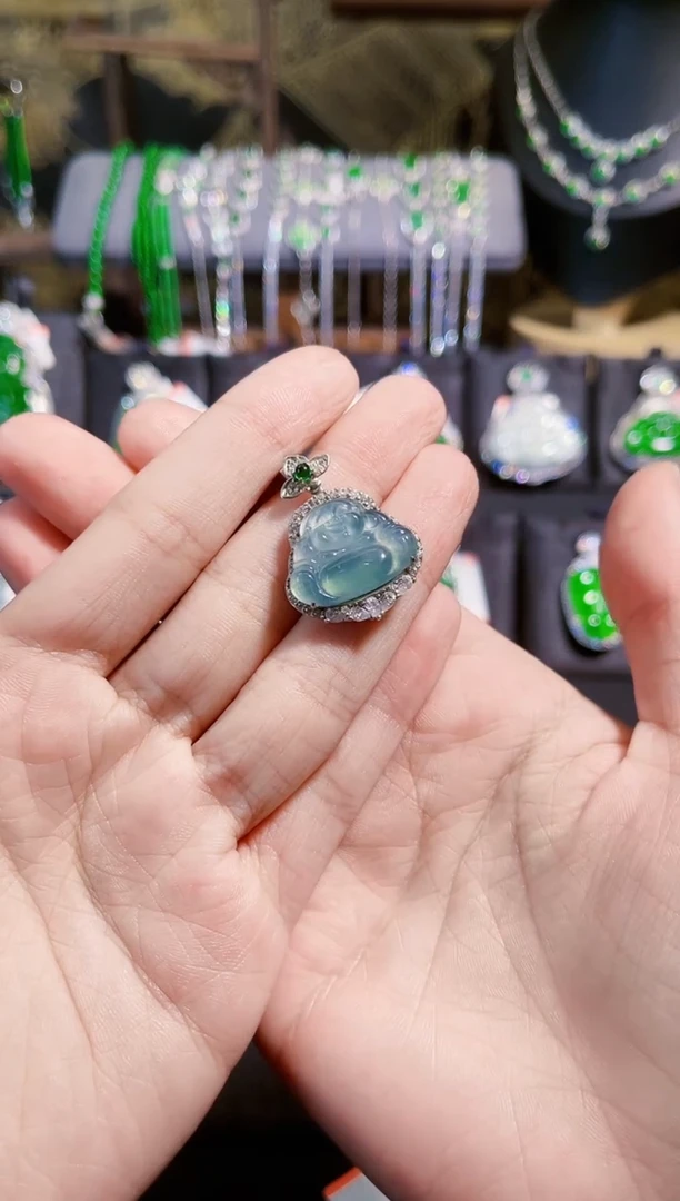 【闪购商品】翡翠吊坠(不含链)银S925镶嵌白冰佛公