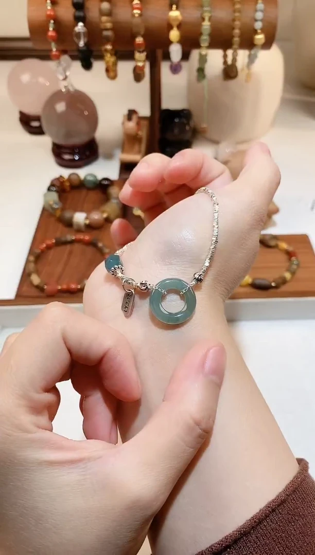 银S925镶嵌手链翡翠蓝水甜甜圈碎银手链 多样性发一