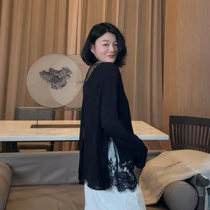 TANTAN  人丝乔其气质下摆蕾丝长袖T恤1379