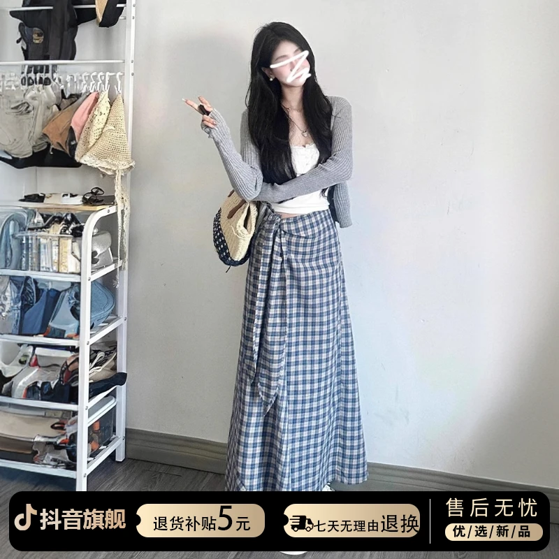 春装2025新款气显瘦质漂亮独特格纹半身连衣裙子长裙女春季套装裙