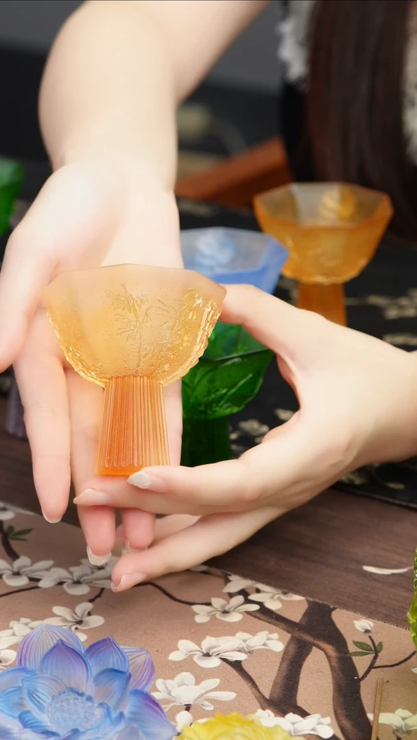 琉璃手工艺品黄色竹子雕花高足茶盏