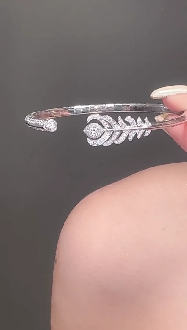 铂Pt950镶嵌手镯钻石白色满钻羽毛手镯