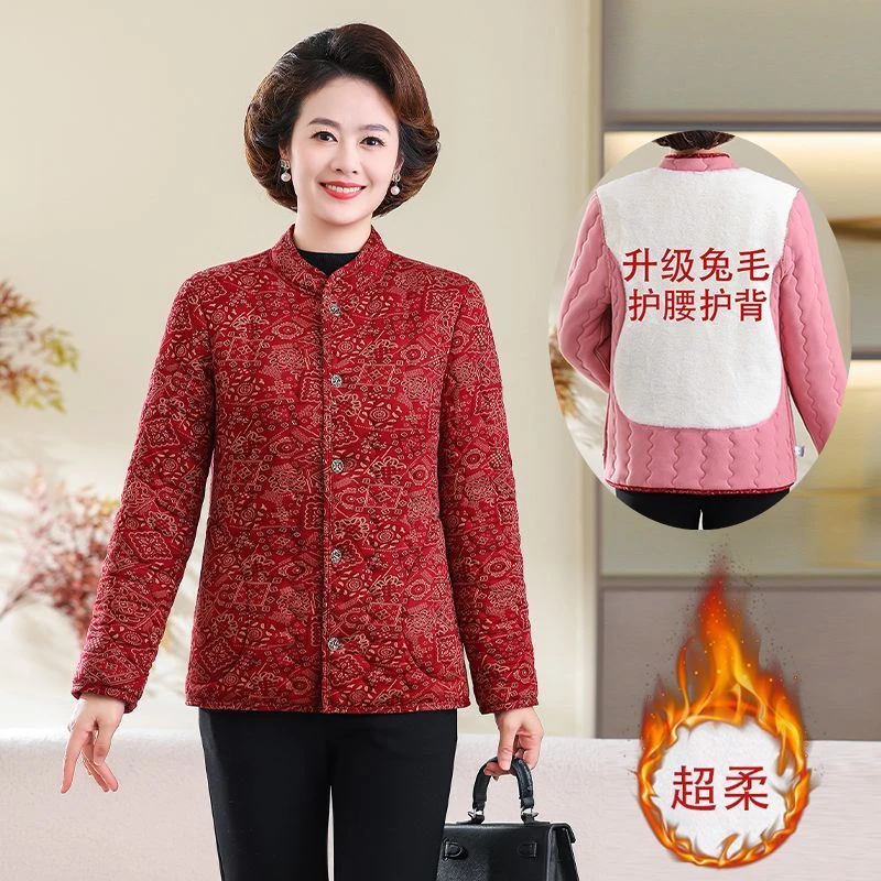 妈妈装冬季小棉衣中老年女装加厚加绒保暖外套老人印花宽松棉袄