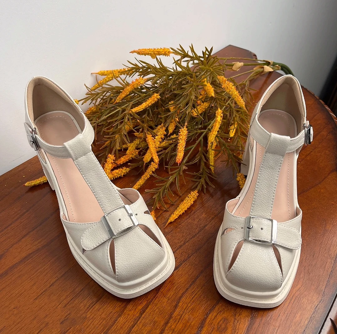 羊皮/7.5cm/明星同款百搭夏季外穿真皮厚底粗跟增高跟平头凉鞋女