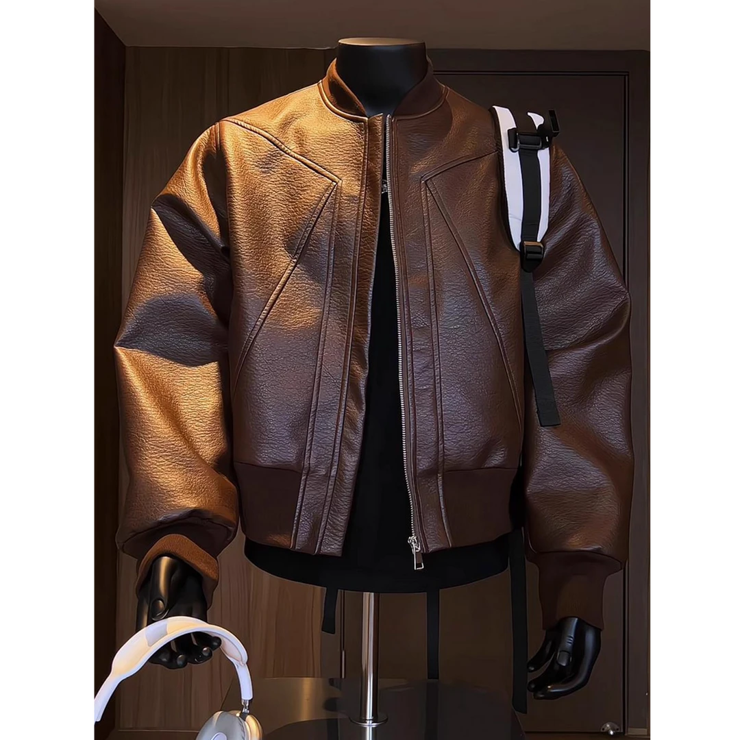 cleanfit咖棕色皮衣外套男秋季短款boxy机车皮夹克美式立领棒球服