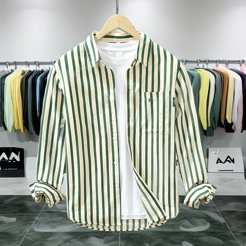 条纹衬衫男士长袖秋季休闲日系复古工装宽松外套潮流轻奢高端衬衣