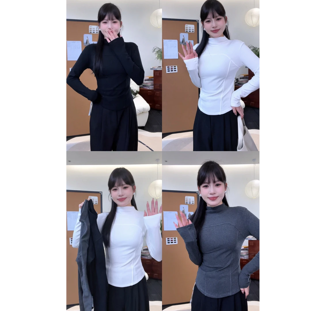 半高领加绒打底衫女秋冬内搭可外穿鱼骨t恤2024新款正肩修身上衣