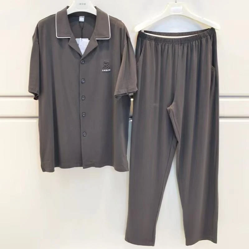 24A12042夏季男士素色简约青年帅气短袖长裤家居服套装