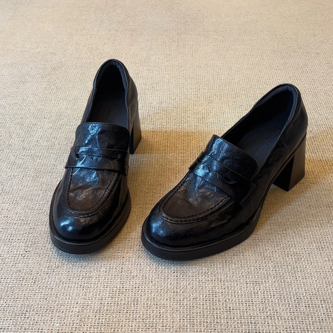 RubyL/7.5cm小个子复古风通勤百搭圆头中口粗跟一脚蹬乐福鞋女款