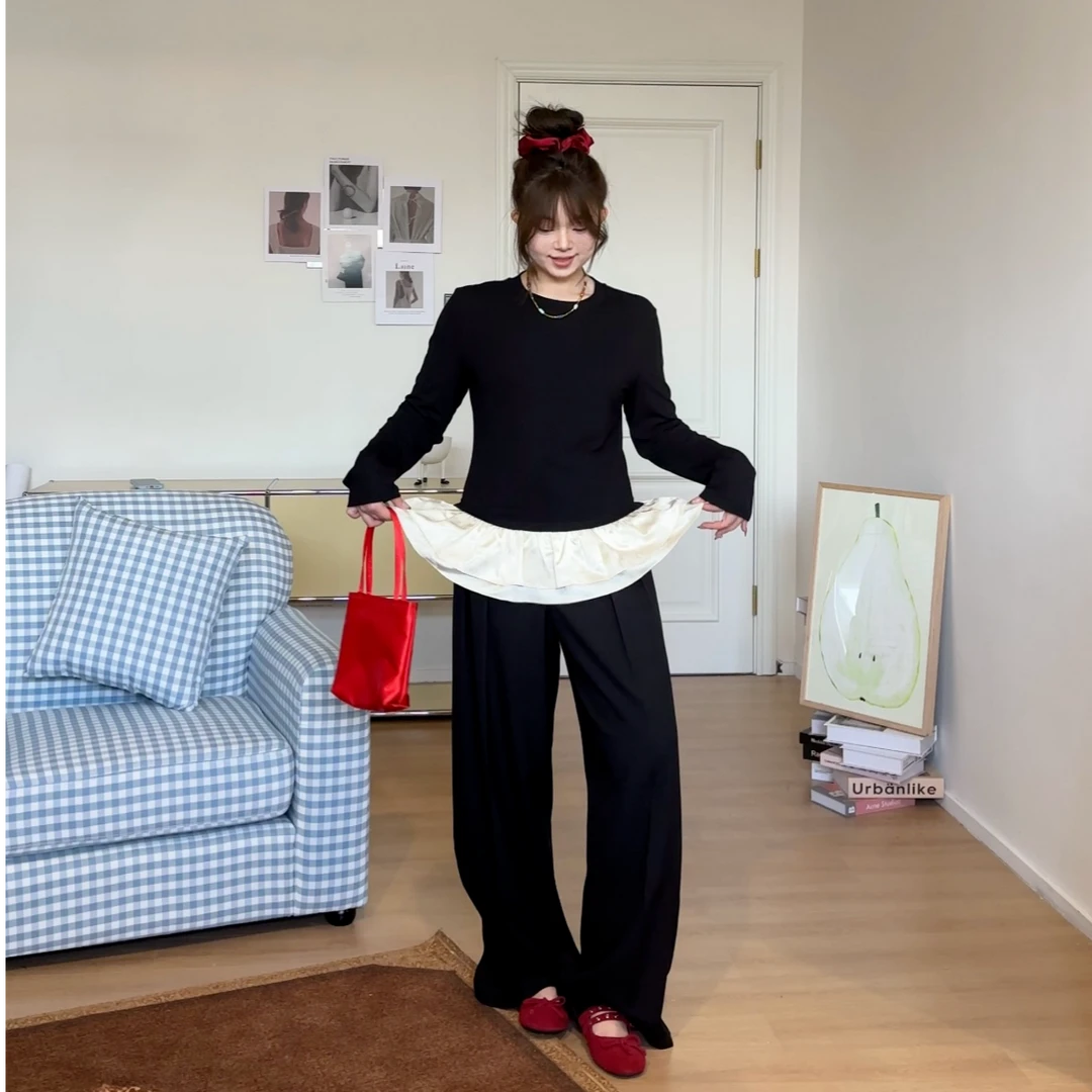 晶咕晶咕【芭蕾舞曲】休闲百搭显瘦时尚设计感假两件长短款打底