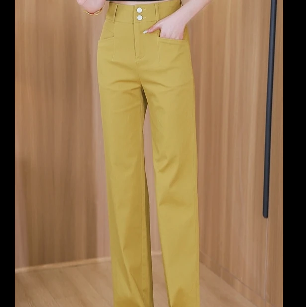 2025春夏高腰弹力姜黄色显瘦百搭宽松高品质长款阔腿休闲裤