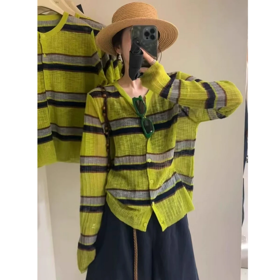 轻薄撞色条纹冰丝针织上衣t恤独特洋气2025秋季百搭长袖防晒衣女