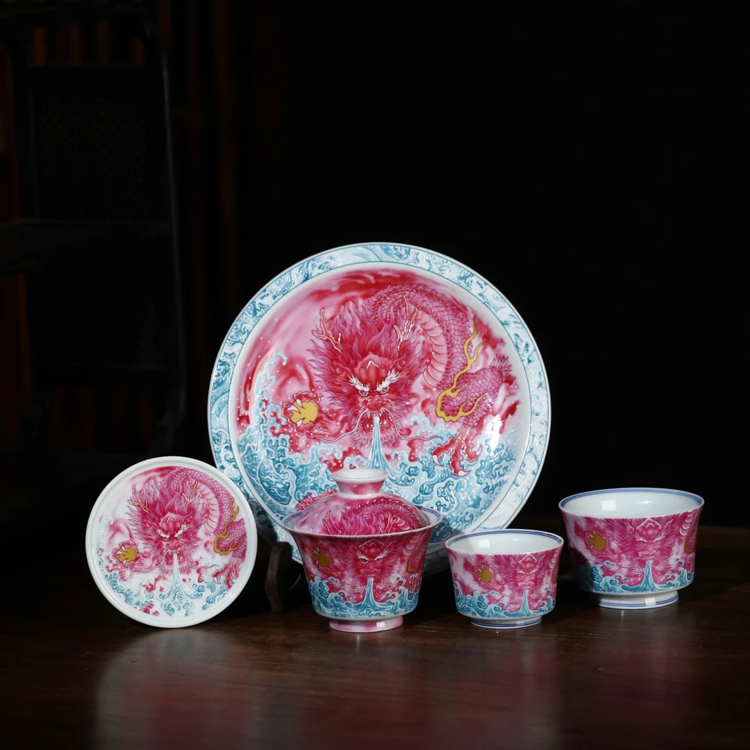 景德镇手工高温瓷粉彩宝石红描金龙吸水五件套陶瓷礼盒套装茶具