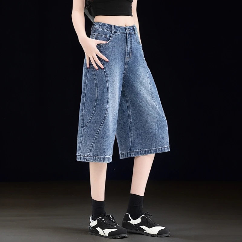 复古蓝美式牛仔短裤2025裤子网红款阔腿七分女夏季薄款宽松休闲